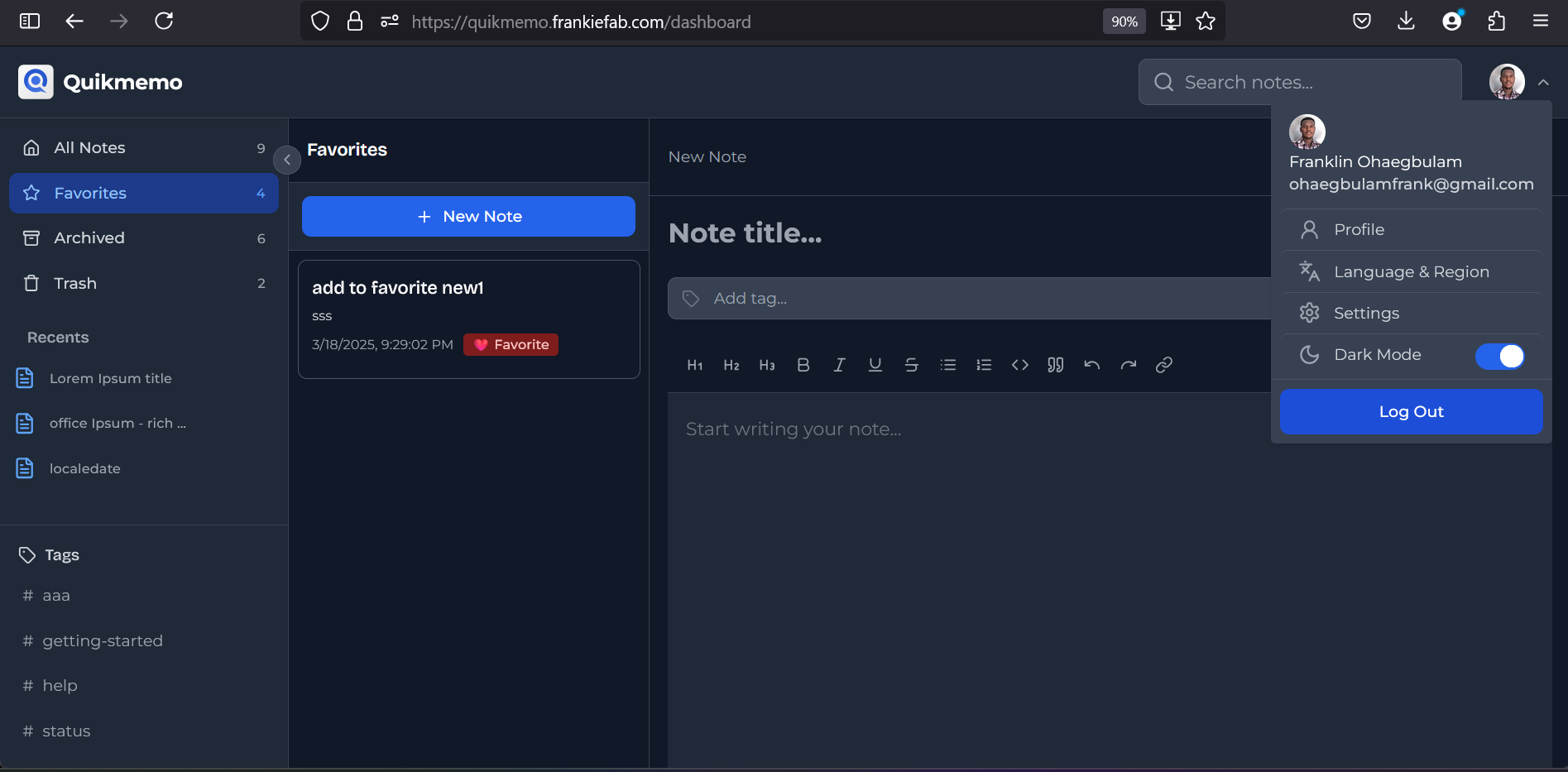 Quikmemo editor dark-mode