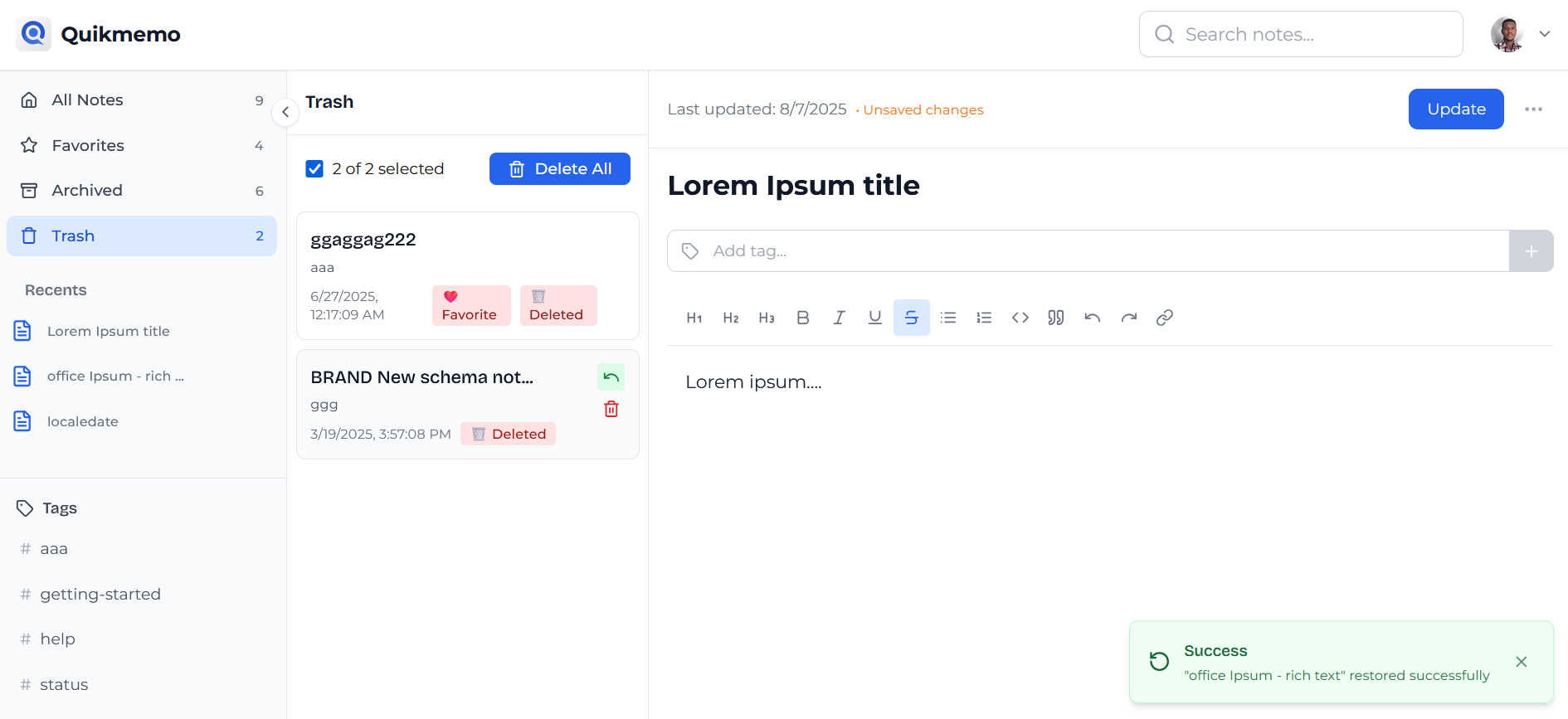 Quikmemo restore note